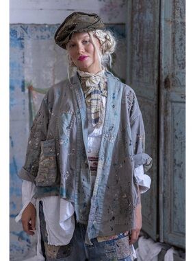Magnolia Pearl  Tucumcari Kimono Distressed Patchwork Denim Jacket